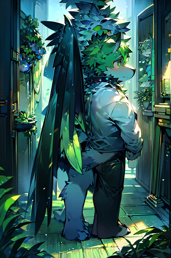 (Ultra Detailed), (masterpiece), (best quality),Light green wolf,Kakapo,There is a pair of green bird wings on the back,Standing