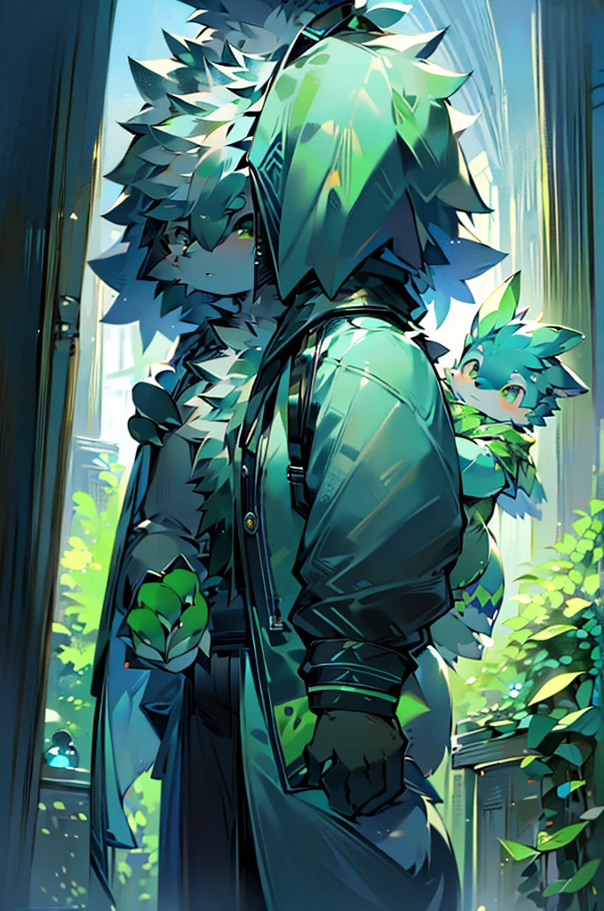(Ultra Detailed), (masterpiece), (best quality),Light green wolf，Kakapo，There is a pair of green bird wings on the back，Standing
