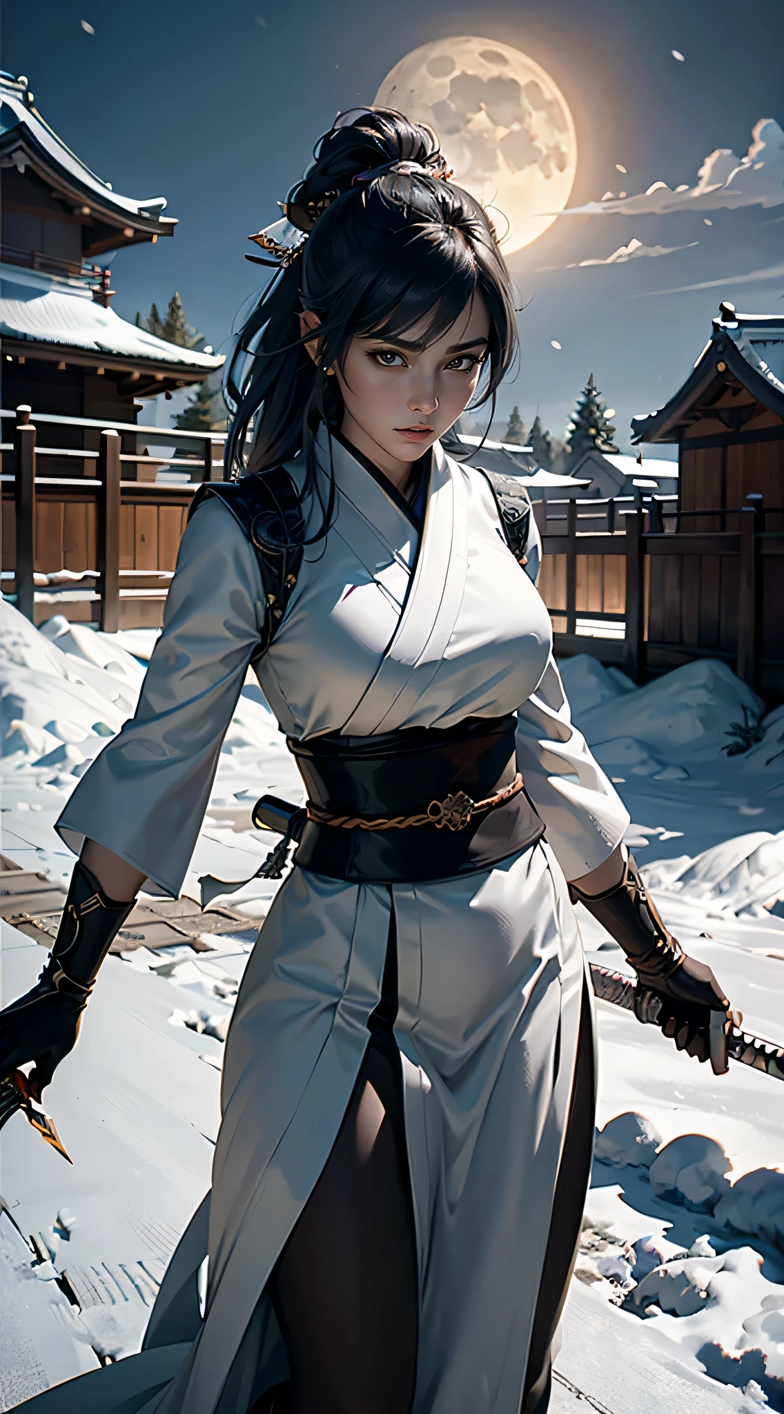 masterpiece, highest quality, (Highly detailed CG Unity 8k wallpaper), (highest quality), (Best illustrations), (Best Shadow),female swordsman, 28 years old, Japanese sword, stance,moonlight, snow, chaos,