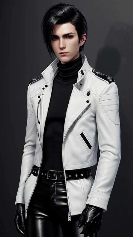 Final Fantasy-style graphics, young, Cute and cool Japanese boys, Thin eyebrows and big eyes,  He is wearing a shiny off-white leather single-breasted jacket.。., with epaulettes,  The jacket is zipped up, The jacket pockets are black., The jacket has a high stand-up collar with a belt, Also wearing a black turtleneck, black leather pants, Thin black leather gloves on both hands, Black leather knee-high lace-up boots, Head to Toe, Show your whole body, Final Fantasy Style、good looking、Clear eyes and nose、((A shiny white single-breasted leather jacket))、((The jacket has epaulettes))、((The jacket has a stand-up collar and belt))、((The jacket has a black pocket))、((Black turtleneck shirt))、((Shiny black leather pants))、((Shiny black leather gloves on both hands))、((Black lace-up leather long boots))、((Head to Toe表示))、Realistic image quality and texture、In a small brick-walled cell、Close your eyes、A kind smile、((The jacket is zipped closed))