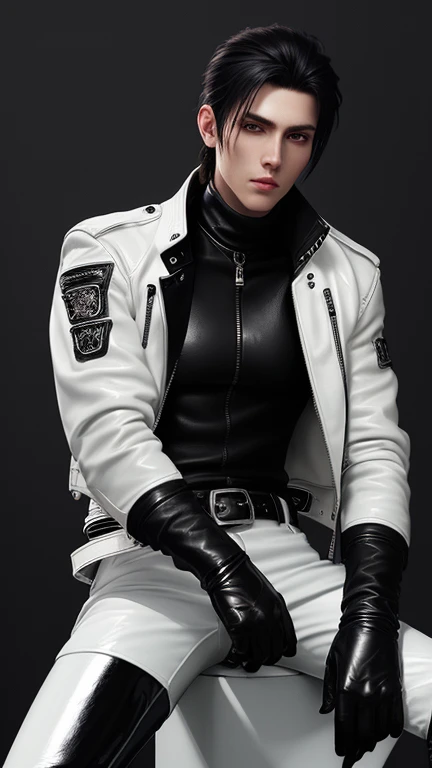 Final Fantasy-style graphics, young, Cute and cool Japanese boys, Thin eyebrows and big eyes, He is wearing a shiny off-white leather single-breasted jacket.。., with epaulettes, The jacket is zipped up, The jacket pockets are black., The jacket has a high stand-up collar with a belt, Also wearing a black turtleneck, black leather pants, Thin black leather gloves on both hands, Black leather knee-high lace-up boots, Head to Toe, Show your whole body, Final Fantasy Style、good looking、Clear eyes and nose、((A shiny white single-breasted leather jacket))、((The jacket has epaulettes))、((The jacket has a stand-up collar and belt))、((The jacket has a black pocket))、((Black turtleneck shirt))、((Shiny black leather pants))、((Shiny black leather gloves on both hands))、((Black lace-up leather long boots))、((Head to Toe表示))、Realistic image quality and texture、In a small brick-walled cell、Close your eyes、A kind smile、((The jacket is zipped closed))