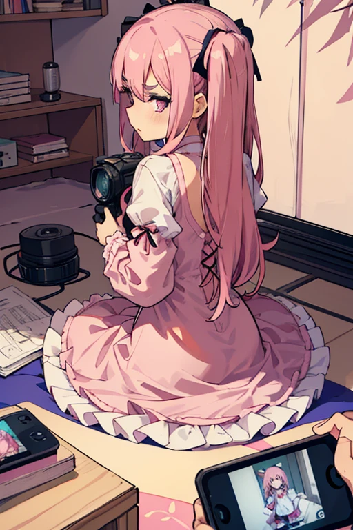 Girls with pink hair, long double-tailed hairstyle, ((small pink bushy eyebrows)), dressed in lolita clothes, marked vagina, lolicon (Zankuro) drawing style by zankuro artist, Zancro style, image uploaded to R34, changing of clothes in a room, semi naked with underwear in her hands looking away, not looking at the camera (hidden camera recording her, security camera filter recording her) (Getting fucked from behind while setting up a camera) (semen in lower body )
