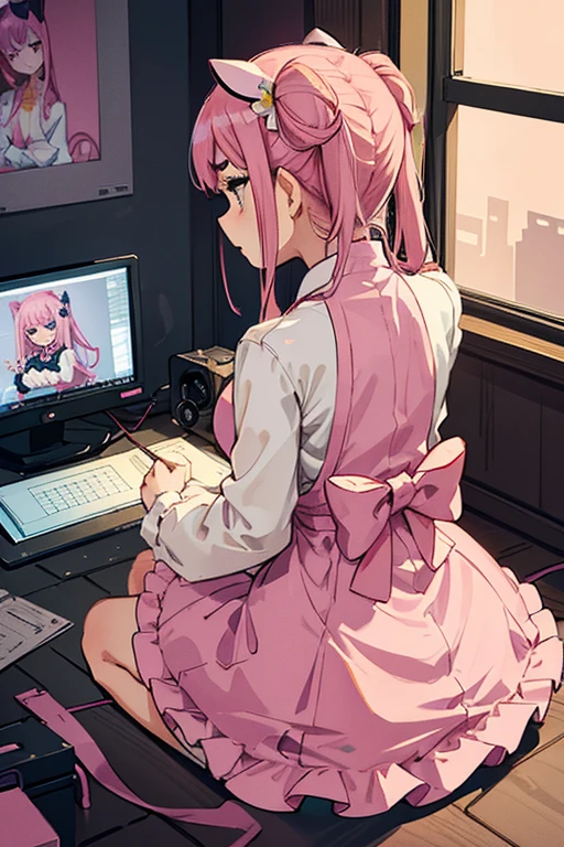 Girls with pink hair, long double-tailed hairstyle, ((small pink bushy eyebrows)), dressed in lolita clothes, marked vagina, lolicon (Zankuro) drawing style by zankuro artist, Zancro style, image uploaded to R34, changing of clothes in a room, semi naked with underwear in her hands looking away, not looking at the camera (hidden camera recording her, security camera filter recording her) (Getting fucked from behind while setting up a camera) (semen in lower body )