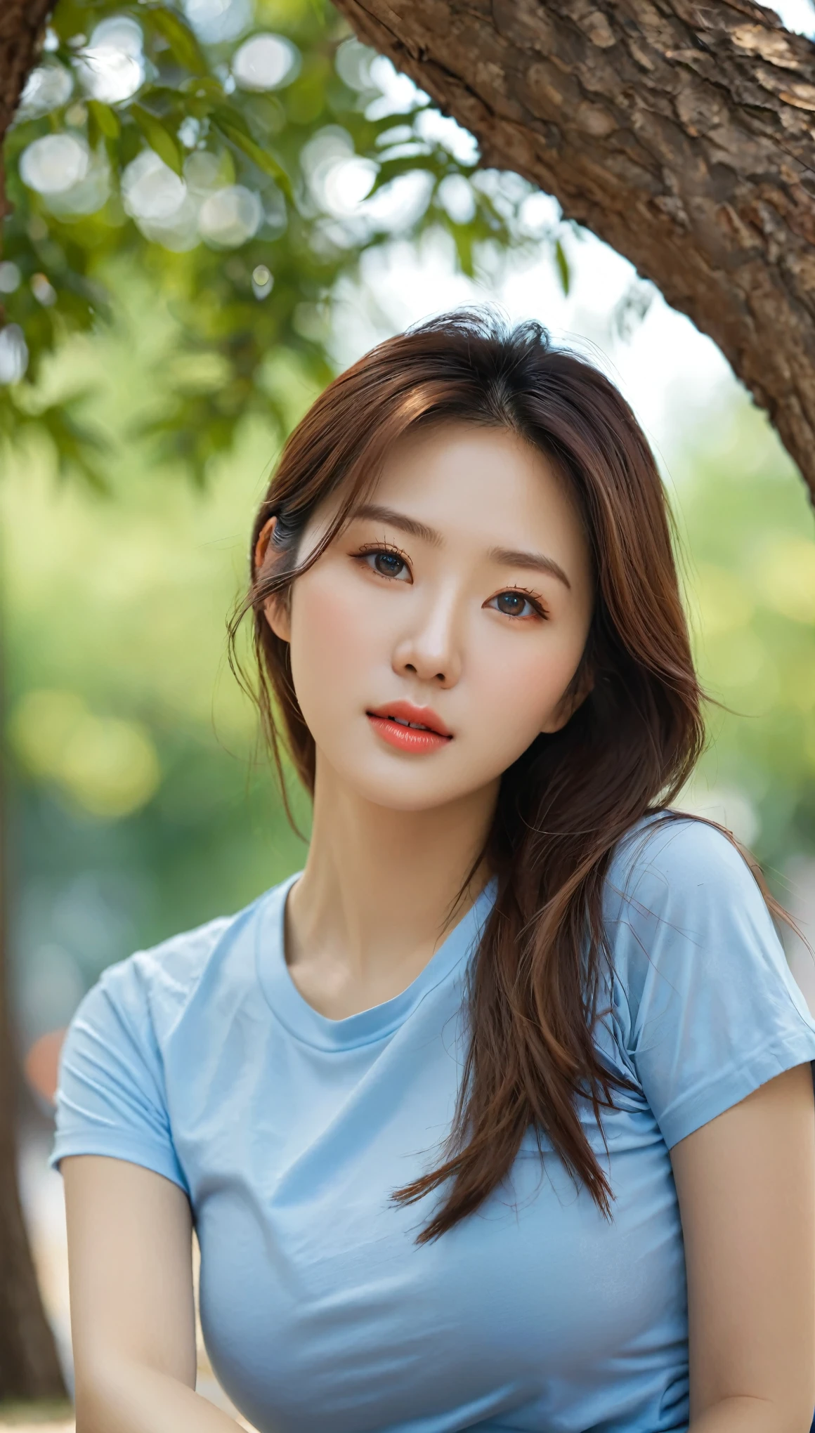 close-up of beautiful korean female, 34 inch breasts size, wearing yellow rolled sleeves t-shirt, holding mobile phone, at the corner of the building, night, bokeh background , UHD