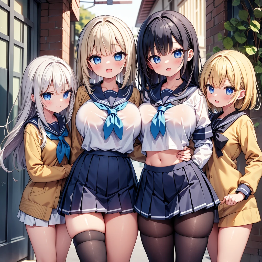 highest quality,wonderful,finely,extremely detailed CG Unity 8K wallpaper, (3 girls, cute eyes, sailor uniform, clothed), (huge breasts), (open mouth:1.1), (long tongue:1.1), (mouth drool:1.1), (black stockings:1.1),(Thighs:1.1),(Waistline:1.1)