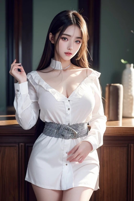 (8K, RAW photo, Best quality, Masterpiece:1.2), (Realistic, photo-realistic:1.37),Close-up of a man in uniform posing for a photo, ulzzangs, Korean girl, girl in uniform, japanese girl school uniform, JK school uniform, white trendy clothes, photo of slim girl model, Japanese school uniform, Sailor uniform, loose coat collar sailor uniform, smooth white tight clothes suit, Open V chest clothes, wearing a Japanese school uniform