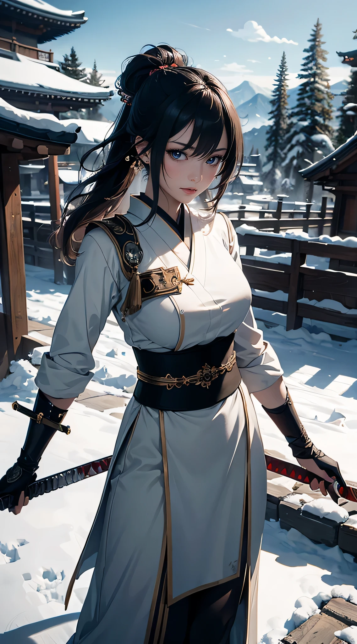 masterpiece, highest quality, (Highly detailed CG Unity 8k wallpaper), (highest quality), (Best illustrations), (Best Shadow),female swordsman, 28 years old, Japanese sword, stance,moonlight, snow, chaos,