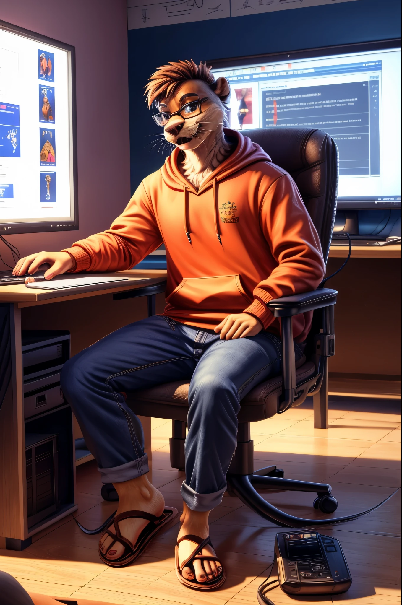 (((Barefoot furry character, full body, cinematic setting, furry male, plantigrade, wearing sandals)))
computer class scene with a tech-savvy otter ((teacher)) wearing a hoodie and glasses, sitting at a computer desk surrounded by monitors and circuit boards. This otter represents the evil embodiment of ICT as a school subject, depicting stereotypes and prejudices towards ICT teachers.
BREAK, detailed background, 8K, (masterpiece:1.5), intricate details, highly detailed, extreme detail, octane render, fine art, best quality, highres, (detailed face:1.5), ((full_body)), UHD, (((perfect hands))), low light