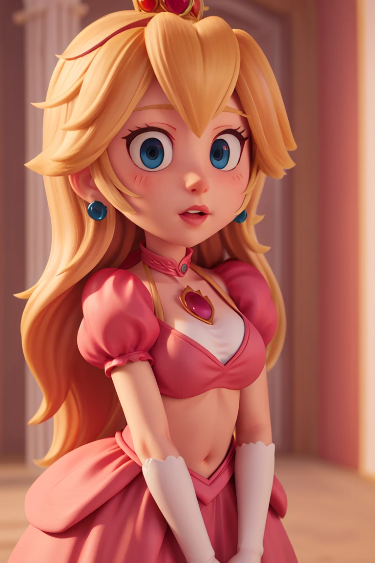 Un primer plano de una mujer en bikini y bragas de colores rojo, portrait of Princesa Peach, Princesa Peach), Princesa Peach, cinematic huge bust shot, anime estilo 3d, Arte detallado de alta calidad 8k, super detailed rendering, princesa de pelo rubio, renderizado en sfm, arte de anime digital detallado, princesa anime, a juicy human-like peach, anime muy detallado