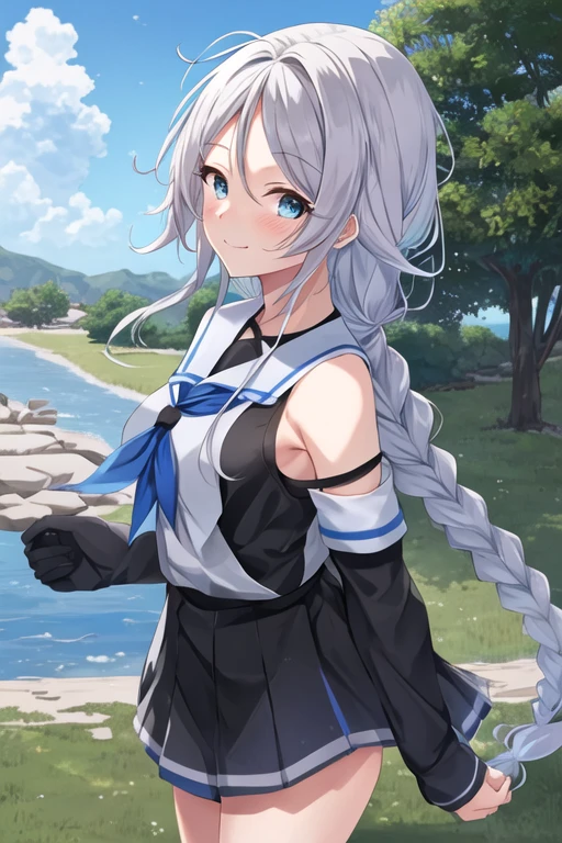 masterpiece, highly detailed, best quality, 4k, 1girl, umikaze_kantaicollection, long_hair, blue_eyes, braid, single_braid, grey_hair, bangs, very_long_hair, parted_bangs, breasts, blush, serafuku, sleeveless, smile, white_hair, hair_tie, hair_flaps, outdoor, small breasts, cowboy shot, looking at viewer