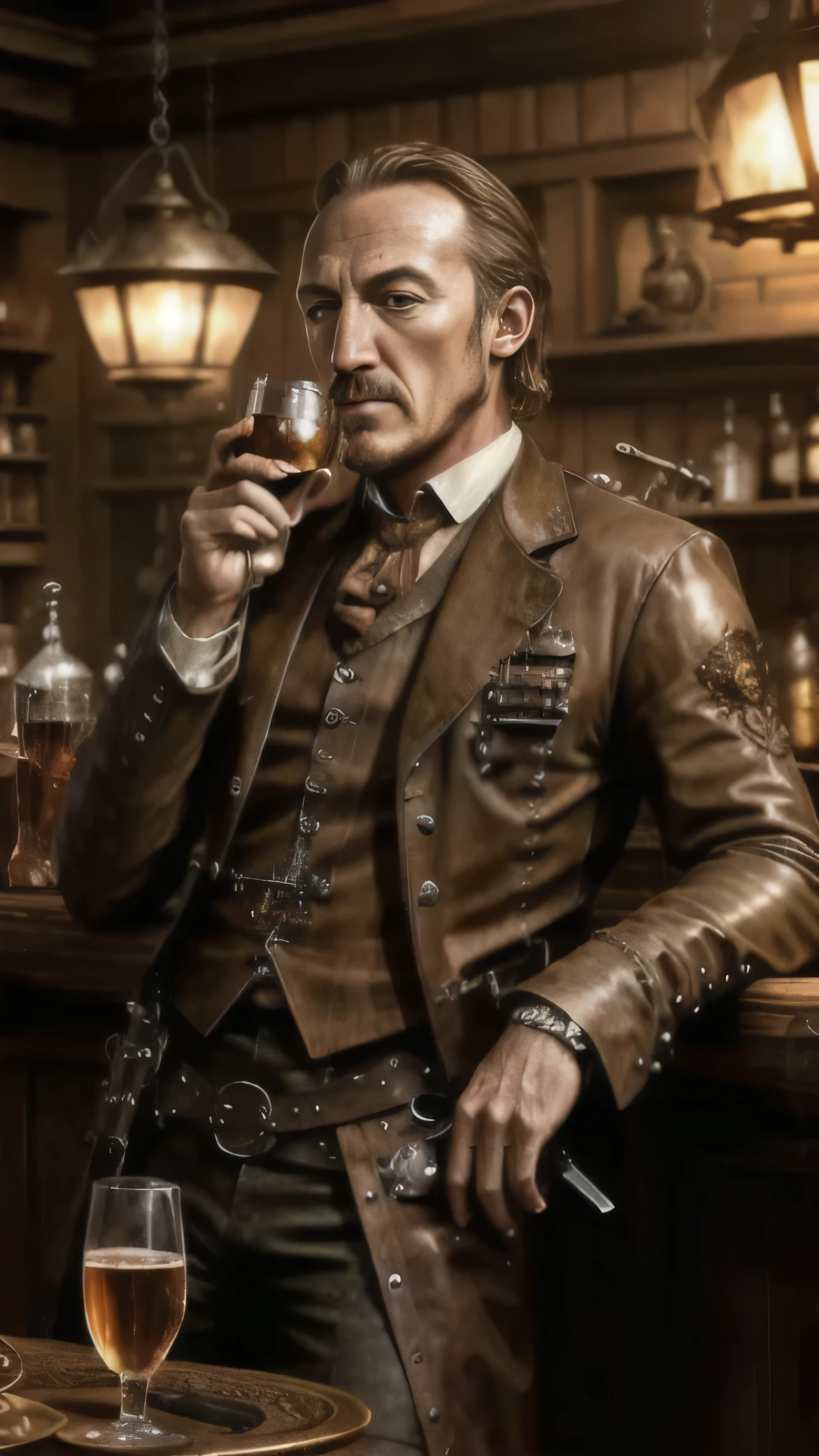 steampunkai, ((Jerome Flynn)) as Bronn, black leather steampunk armor, steampunk gun, drinking, sitting, in a steampunk bar, (1man), (solo), (full body view), beautiful detailed glow, detailed, cinematic light, intricate detail, realistic, highres, detailed facial features, high detail, sharp focus, smooth, aesthetic, extremely detailed, stamp, octane render