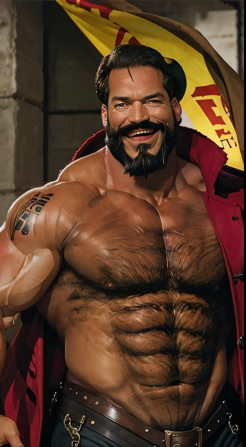 ((photoreal, 4K)), ((Ultradetailed)), Imagine a burly fat man ((blackbeard captain)) with a thick, unkempt black beard covering his lower face, revealing a wide, grinning mouth and ((crooked teeth when he laughs)). His eyes, often shadowed by heavy brows, hold a hint of cunning. He's draped in an iconic, ((bright red captain's coat)), left entirely ((unbuttoned)), exposing his ((ample stomach)). Beneath the coat. With heavily tattooed arms and a menacing demeanor, he wields a ((jagged saber)) named "Lafitte," emanating an aura of ruthlessness and ambition, nice bulge,