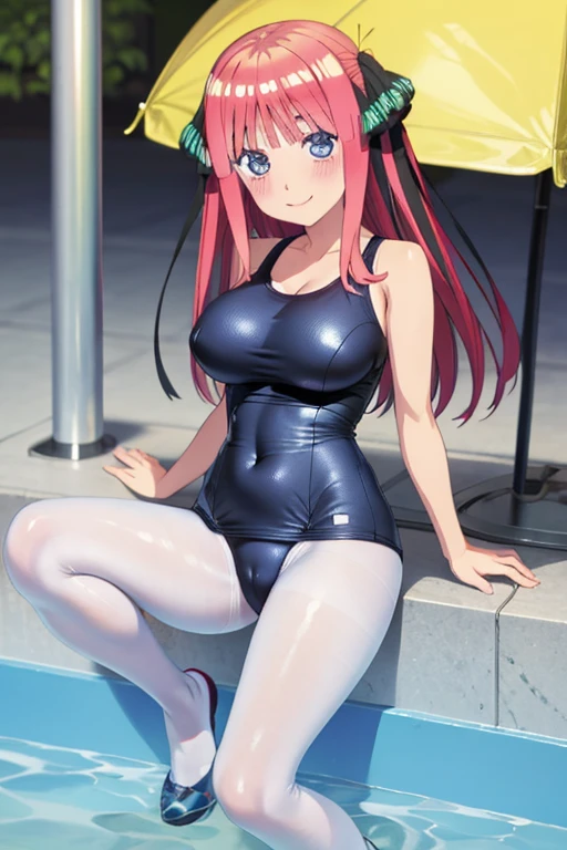 best quality, ultra-detailed masterpiece, anime art style, cute characters, nino nakano, one-piece swimsuit, large breasts, pantyhose, blush, smile