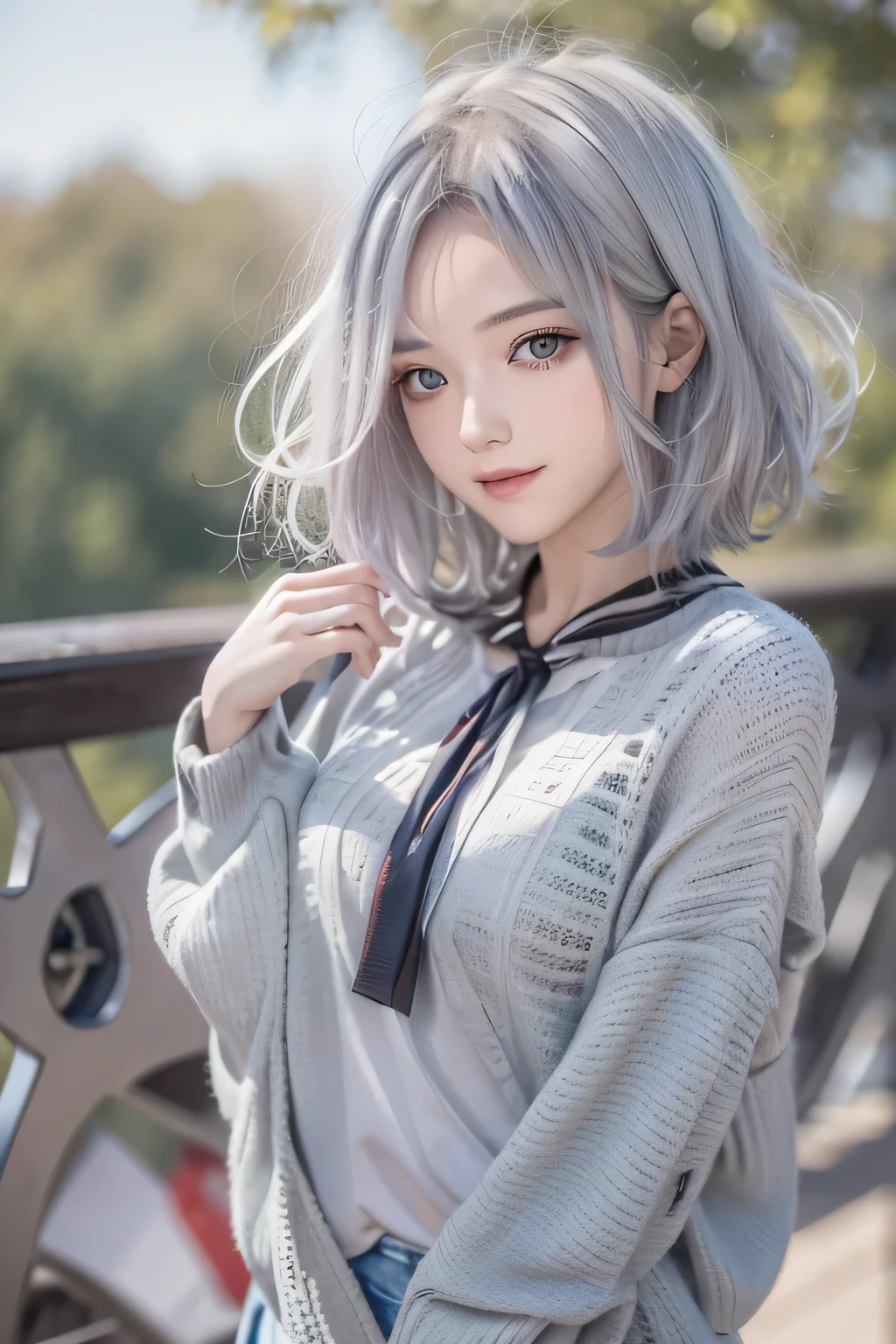 ４ｋ、Beautiful Eyes、whole body、Colorful Hair（gray）、whole bodyポートレート、smile、Exposure、Beautiful background、Tied Hair、Bobcut、textured skin, ccurate, highres, super detail