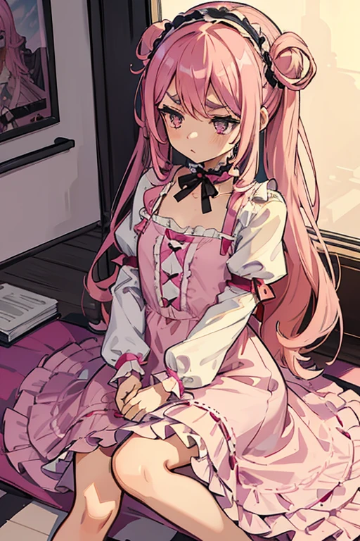 Girls with pink hair, long double-tailed hairstyle, ((small pink bushy eyebrows)), dressed in ta clothes, marked vagina, loli(Zankuro) drawing style by zankuro artist, Zancro style, image uploaded to R34, changing of clothes in a room, semi naked with underwear in her hands looking away, not looking at the camera (hidden camera recording her, security camera filter recording her)