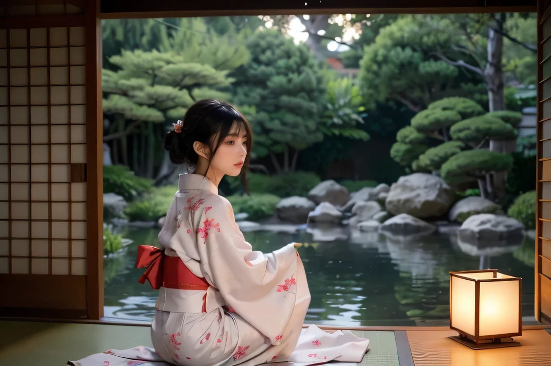 Japan, minimum, harmony, tranquility, Fantasy, summer, The tranquility of the Japanese garden and the colors of the yukata create a beautiful harmony, Tranquil Japanese Garden, Fantastic illumination, Girl staring into the distance, slender, floating Medium Hair, diffused natural skin glow, bangs, Brightly colored yukata robes, masterpiece, highest quality, RAW Photos, sigma 50mm f1.4, candytt