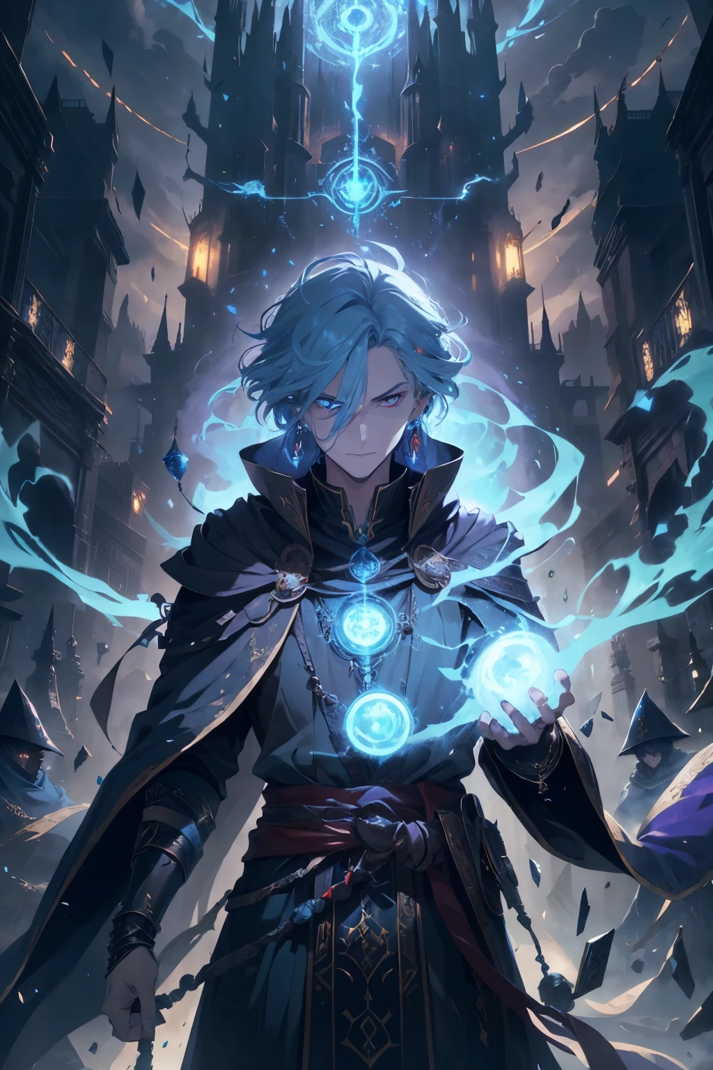 A very powerful wizard, invoking the power of time, with an awe-inspiring large image of an energy clock hovering majestically above his head. Clad in black robes, his attire radiated an air of mystery and intrigue, as a very dark blue cape, delicately lined with yellow details, billowed behind him. Long, flowing light blue hair cascaded down his back, framing his intense, piercing red eyes. adorned with earrings that glimmered in the ethereal light. His appearance was a harmonious blend of the enigmatic wizard and the swashbuckling pirate style.