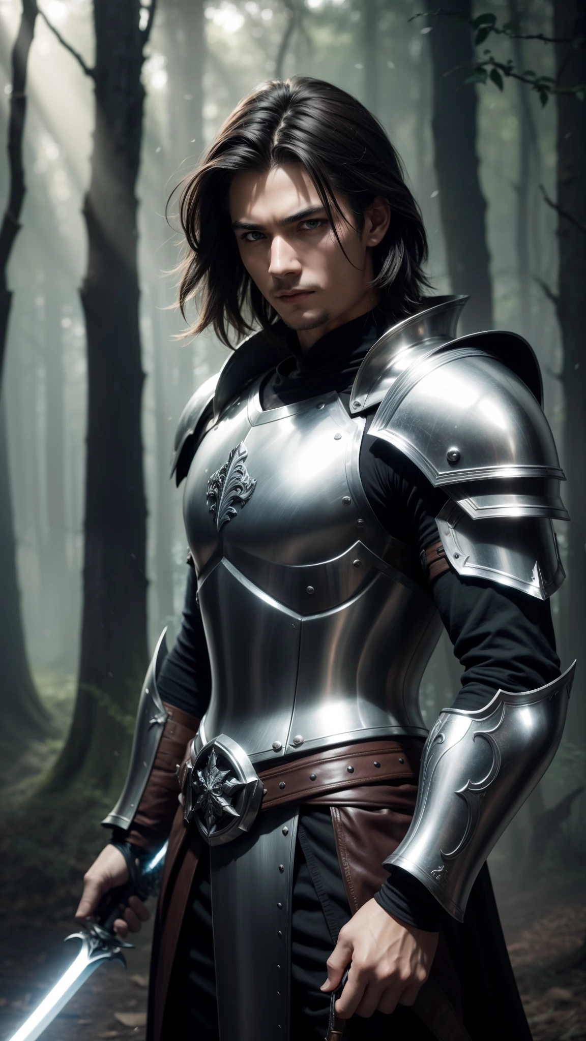 A swordman, full armor, artistic,detailed eyes,sharp sword,heroic pose, full detailed steel armor, handsome face, long sowrd, dramatic lighting,realistic leather armor,masterpiece:1.2,vivid colors,short hair,hair is disheveled,stunning battlefield,highly detailed background,action-packed,highres,bokeh,strong warrior,medieval fantasy style,emerging fog,sunlight filtering through trees,motion blur,fast-paced movement,heroic victory,Depth of field, wallpaper, high contrast, intricate details, volumetric lighting, (dynamic composition:1.1), highly detailed, colorful details, glowing lighting, atmospheric lighting, dreamy, magical, (solo), lens flare, colorful, Cinematic light, high-res, sharp focus, smooth, colorful light, particles,silver color scheme 