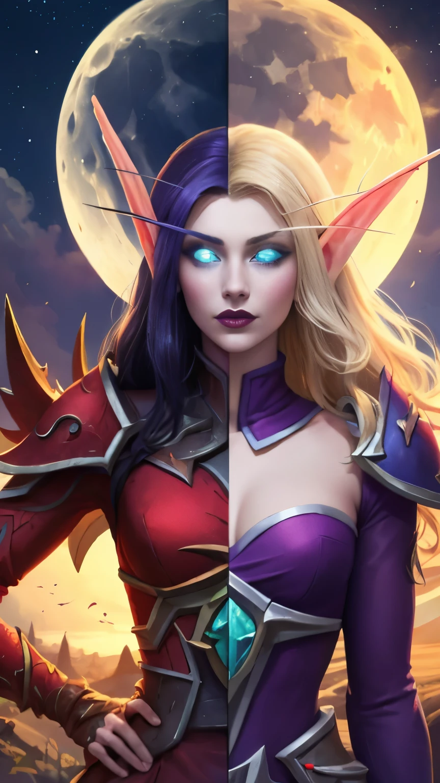 (Masterpiece, highly detailed, highly quality, highly resolutions), line between the middle, half with nightelf half with bldelf, ({{BREAK nightelf, SplitScreen, split screen, Happy faces, glowing eyes, blue eyes, Purple Hair, colored skin, mature female, purple Dress, purple shoulder pad, purple lips, looking at viewer, night, Sleeve, Princess of the Moon, Moon Background, Half Moon center}}), vs, (BREAK bldelf, SplitScreen, splitscreen, Happy Faces, glowing eyes, Green eyes, Blonde hair, colored sclera, mature female, Red Dress, red shoulder pad, red lips, looking at viewer, day, Sleeves, Princess of the Sun, Sun Background, Half Sun center))