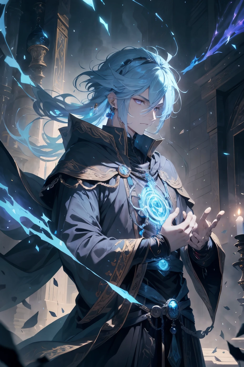 A very powerful wizard, invoking the power of time, with an awe-inspiring large image of an energy clock hovering majestically above his head. Clad in black robes, his attire radiated an air of mystery and intrigue, as a very dark blue cape, delicately lined with yellow details, billowed behind him. Long, flowing light blue hair cascaded down his back, framing his intense, piercing red eyes. adorned with earrings that glimmered in the ethereal light. His appearance was a harmonious blend of the enigmatic wizard and the swashbuckling pirate style.