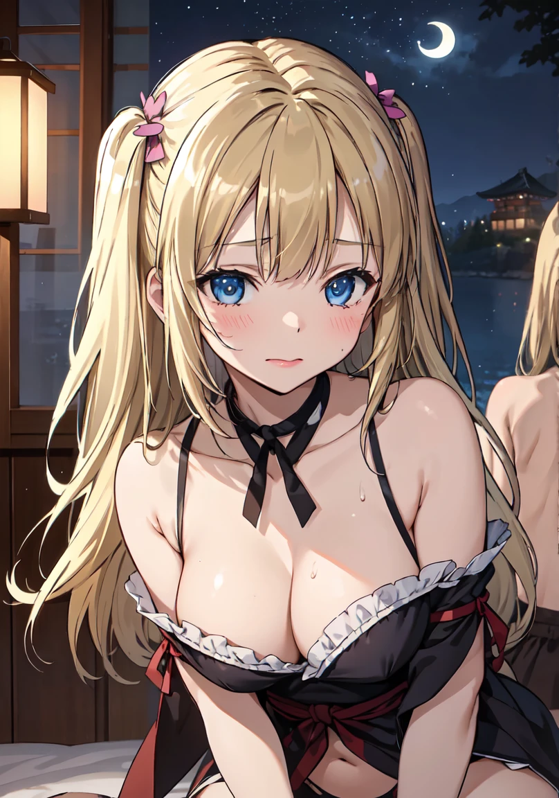 masterpiece,highest quality,Super detailed,8k,
bloom,high contrast,Realistic Skin,Glowing Skin,cute、
（hasegawa kobato, flat chest, blonde hair, twintails, long hair, heterochromia）、
（Sleeping on your back on the bed：1.3),slender、Waistline、Dynamic Angle：1.3、
（The body is wet with sweat：1.3）、glossy lips、Emphasize the lower lip a little、blush、Embarrassed expression、Accentuate your cleavage、Sexy Underwear、
Amazing night sky、Crescent Moon、Aurora、horizon、Open-air bath、Japanese inn、futon
