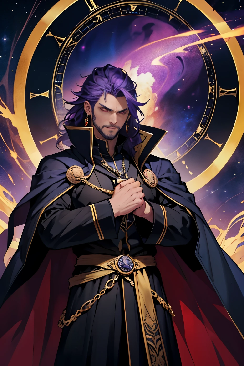 a very powerful wizard, invoking the power of time, with a large image of a cosmic clock just above his head, no beard, wizard with black clothes, very dark blue cape with yellow details, long light purple hair, red eyes, earrings , in a pirate style.