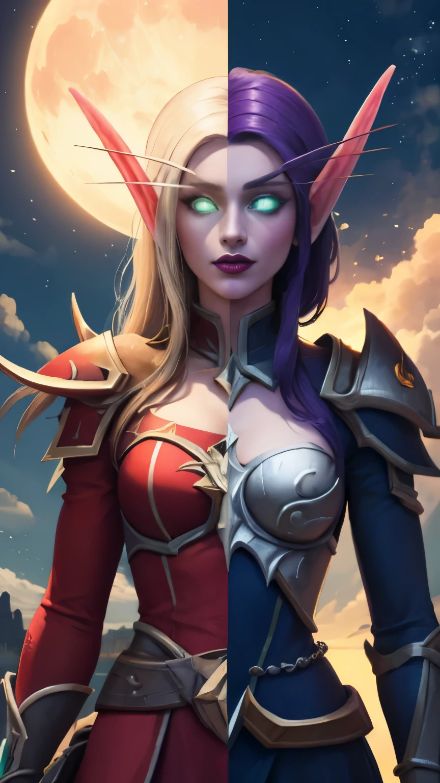 (Masterpiece, highly detailed, highly quality, highly resolutions), line between the middle, half with nightelf half with bldelf, ({{BREAK nightelf, SplitScreen, split screen, Happy faces, glowing eyes, blue eyes, Purple Hair, colored skin, mature female, purple Dress, purple shoulder pad, purple lips, looking at viewer, night, Sleeve, Princess of the Moon, Moon Background, Half Moon center}}), vs, (BREAK bldelf, SplitScreen, splitscreen, Happy Faces, glowing eyes, Green eyes, Blonde hair, colored sclera, mature female, Red Dress, red shoulder pad, red lips, looking at viewer, day, Sleeves, Princess of the Sun, Sun Background, Half Sun center))