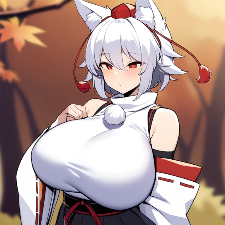 masterpiece,best quality,momiji_touhou, inubashiri_momiji_touhou, 1girl, detached_sleeves, bare_shoulders, pom_pom_, clothes, chest bigger than head, large breasts, bouncy hair, sinple autumn background