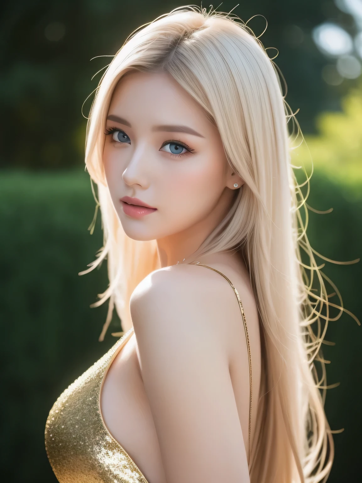 A woman of beauty in a fantastic space, Tight micro dress white and gold color, 98k, {{Masterpiece}}, Best Quality, High Quality:1.4), {{[[FRONT LOOK}}, eye_contact, Various poses)]], very pretty look face, and very pretty eyes, cute images, lovely images, {{whole full body}}, {{{{{{{{Long legs}}}}}}}}, {{{{slim sexy body}}}}, {{{{{{Tall woman}}}}}}, {{177 cm tall}}, solo, beautiful, lovely, adorable, pale skin, {{18to 22 years old German girl}}, look beautiful German girl and blue eyes or green eyes with platinum blonde hair color), Nordic German young girl, {{{{{{{{{{full body}}}}}}}}}}, {{{{{{{{{{high_heels}}}}}}}}}},
