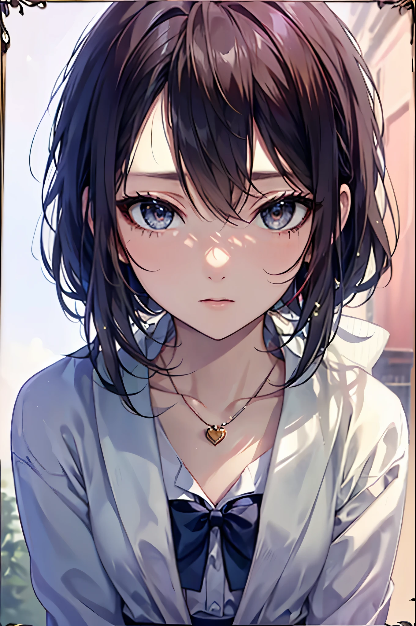 ((Biologically correct number of limbs))、(( Photo with face included))、4K、((Standing posture))、Masterpiece、((focus on the face))、((Symmetrical facial features))、Eyes with detailed description、Beautiful woman、Outstanding style、Beautiful clavicle、Beautiful legs、Beautiful Hands、Slender Body、(stockings、High heels)、Detailed depiction of faces、Small earrings、necklace、(Jacket、shirt、(Checked skirt))、Sidelong glance、A bow tie、Holiday morning in the park、(((white frame photo)))、Droopy eyes、Photographed from diagonally in front