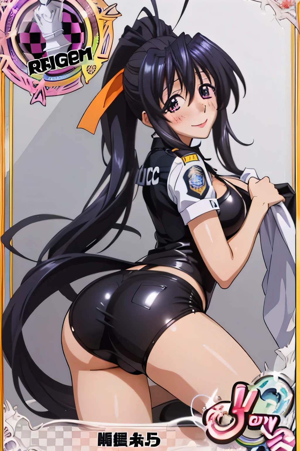 Himejima Akeno、Long Hair、(draw the eyes:1.2)、one person
、blush、smile
、(You can see her chest)
、(Butt Exposed)
、Raise your right leg
、(policewoman)
、(highest quality)
、(Fine skin:1.3)