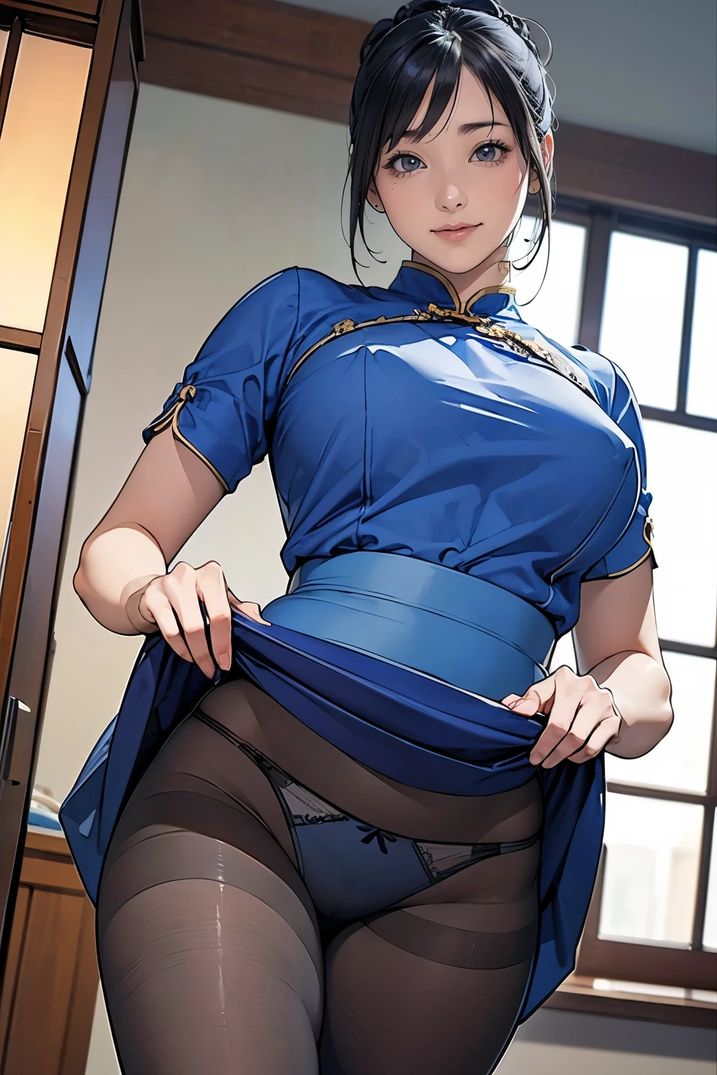 (masterpiece、highest quality)、(Photorealistic:1.4)、 Mature Woman,  Beautiful thighs、Front view、1 girl、30 years old、Perfect Face、Symmetrical cute face、(Bun Hair、Black Hair)、Big eyes、Long eyelashes、((expensive))、Beautiful Hair、Beautiful Face、Beautiful and beautiful eyes、Perfect Proportions、Beautiful breasts、Beautiful feet、Beautiful fingers、((High quality fabric、Blue Chinese Dress、Skirt flip))、(To the hospital)、Are standing、 (smile),  (((Skirt lift with both hands、Panties and pantyhose are visible)))