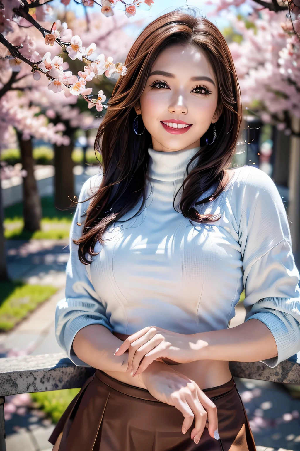 (8k, RAW Photos, highest quality, masterpiece, Realistic, Realistic), (1 female), (Ultimate beauty), Highly detailed face, Fine grain, Double eyelash, eyelash, smile, (Perfect Teeth), Lip details, brunette bob, Big Breasts, (long turtleneck sweater), ((Brown mini skirt)), Cowboy Shot, background：Under the cherry blossoms in full bloom, Soft Light, ((Written boundary depth)) 