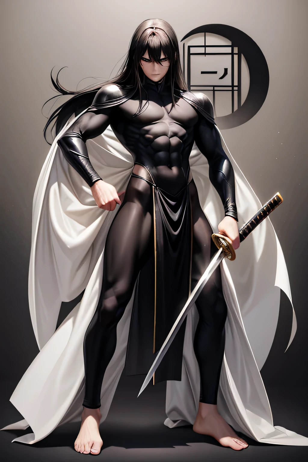 swordsman, cartoon superhero, doesn't look strong but is a master swordsman, no aura at all, long black hair, stubble, pale Japanese sword with damask pattern, full body black body suit, bare feet, 
(Masterpiece), (Best Quality), (Ultra high Detailes), 