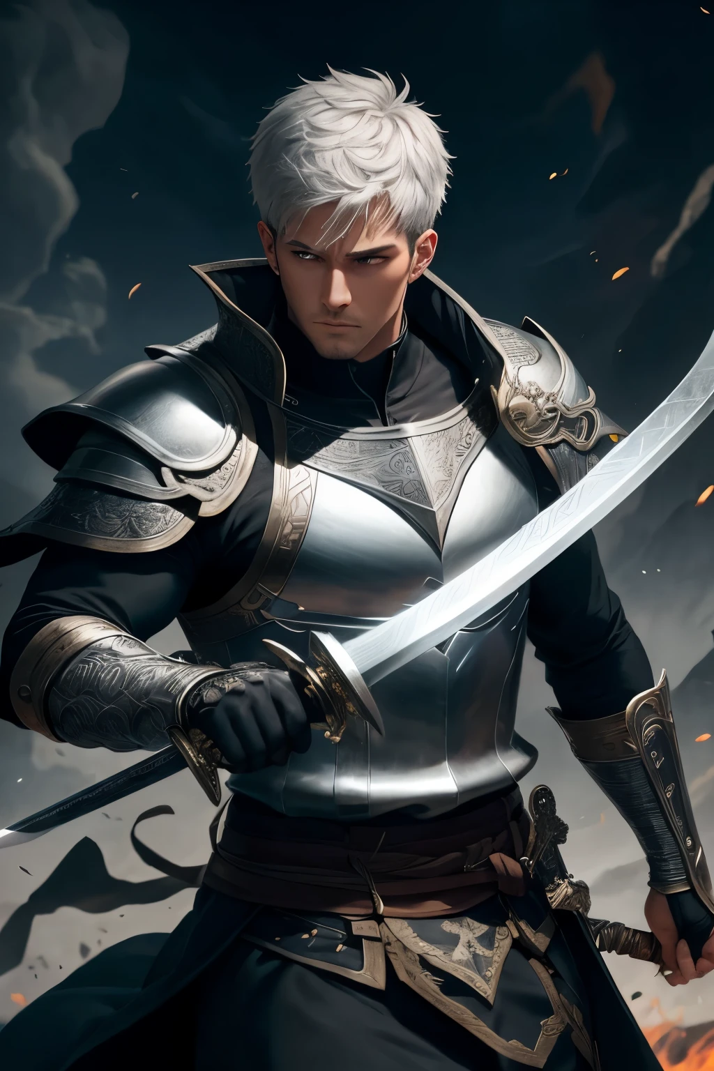 best quality, super fine, 16k, incredibly absurdres, extremely detailed, silver short haired, handsome, strong, muscular, strong swordsman, pulls out great sword from magic circle, dull glowing great sword, ready for battle, wind, wind-effect, background black, flame, tornado