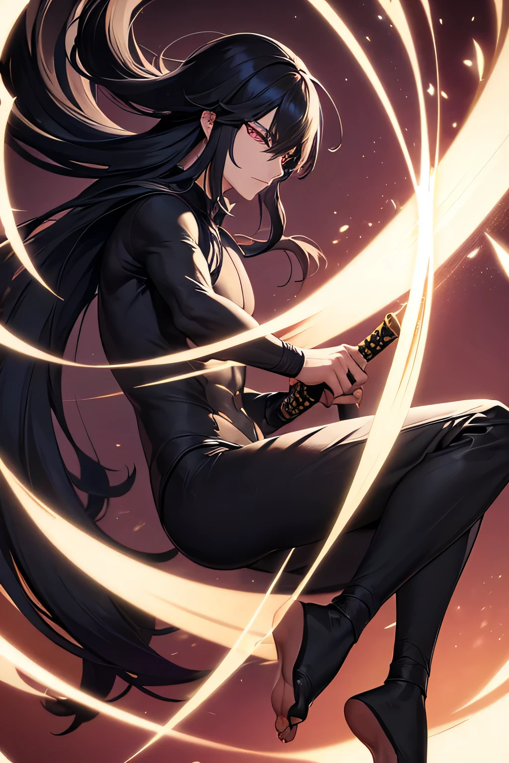 swordsman, cartoon superhero, doesn't look strong but is a master swordsman, no aura at all, long black hair, stubble, pale Japanese sword with damask pattern, full body black body suit, bare feet, (Masterpiece), (Best Quality), (Ultra high Detailes),