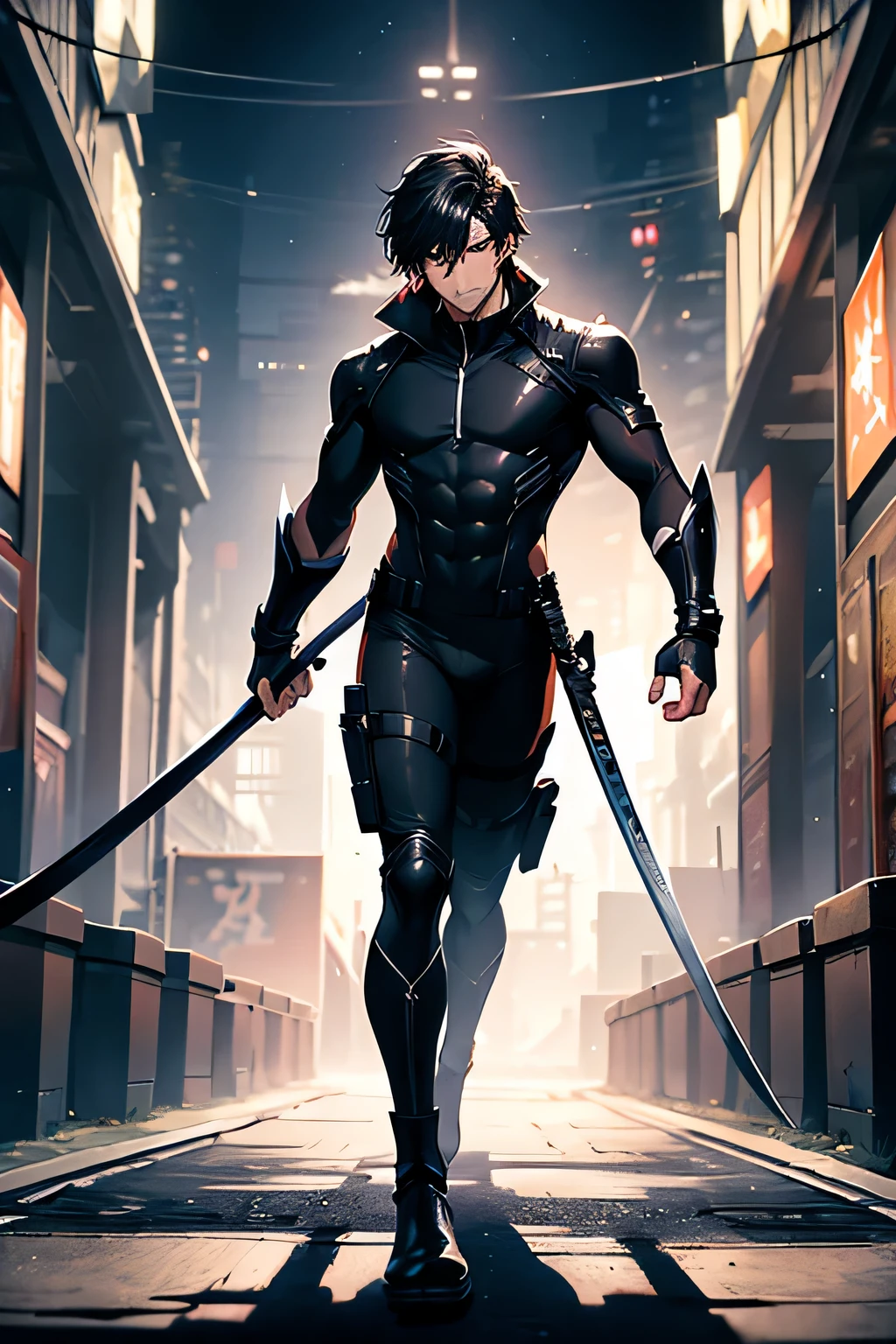 swordsman, cartoon superhero, doesn't look strong but is a master swordsman, no aura at all, long black hair, stubble, pale Japanese sword with damask pattern, full body black body suit, bare feet, (Masterpiece), (Best Quality), (Ultra high Detailes),
