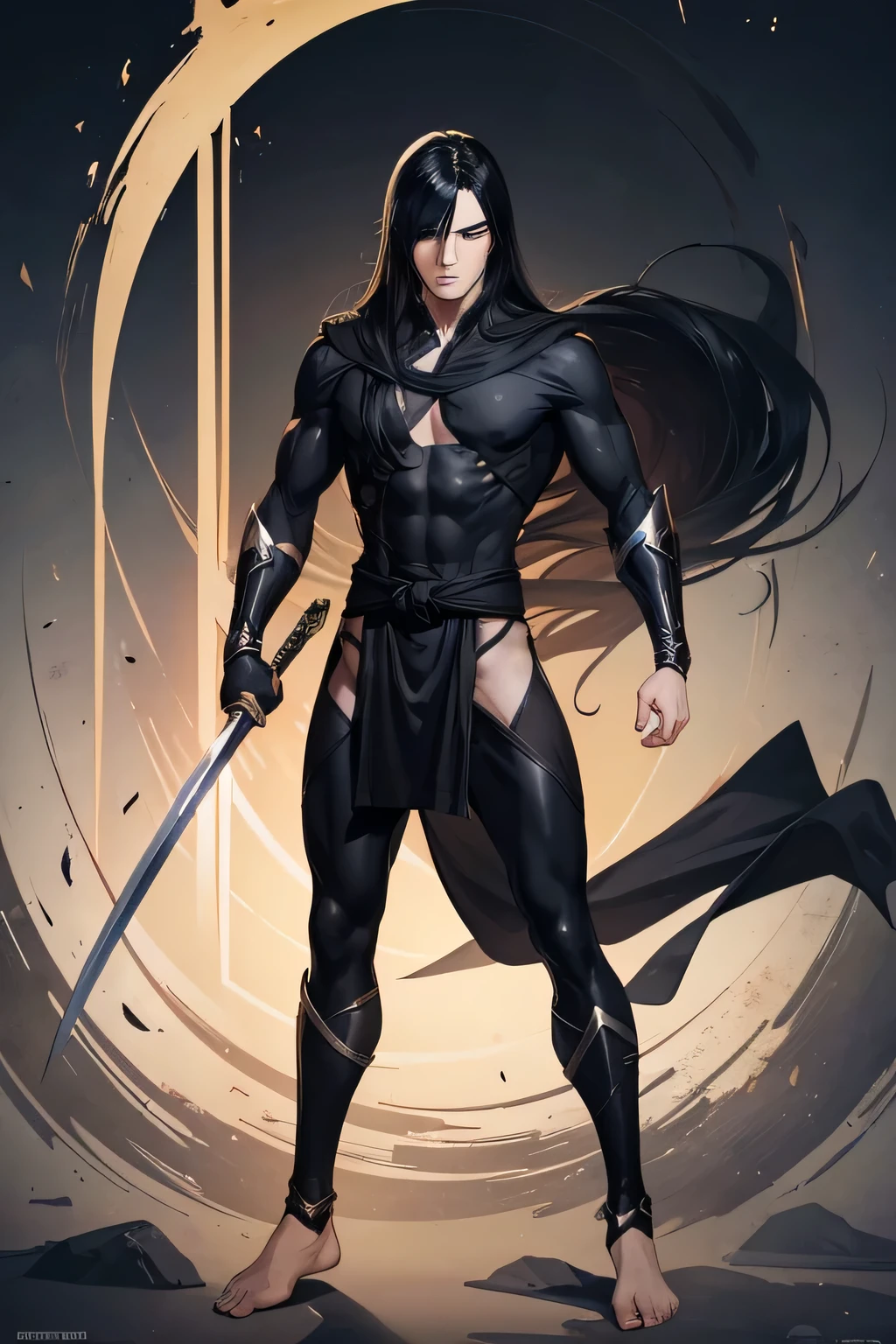 swordsman, cartoon superhero, doesn't look strong but is a master swordsman, no aura at all, long black hair, stubble, pale Japanese sword with damask pattern, full body black body suit, bare feet, (Masterpiece), (Best Quality), (Ultra high Detailes),