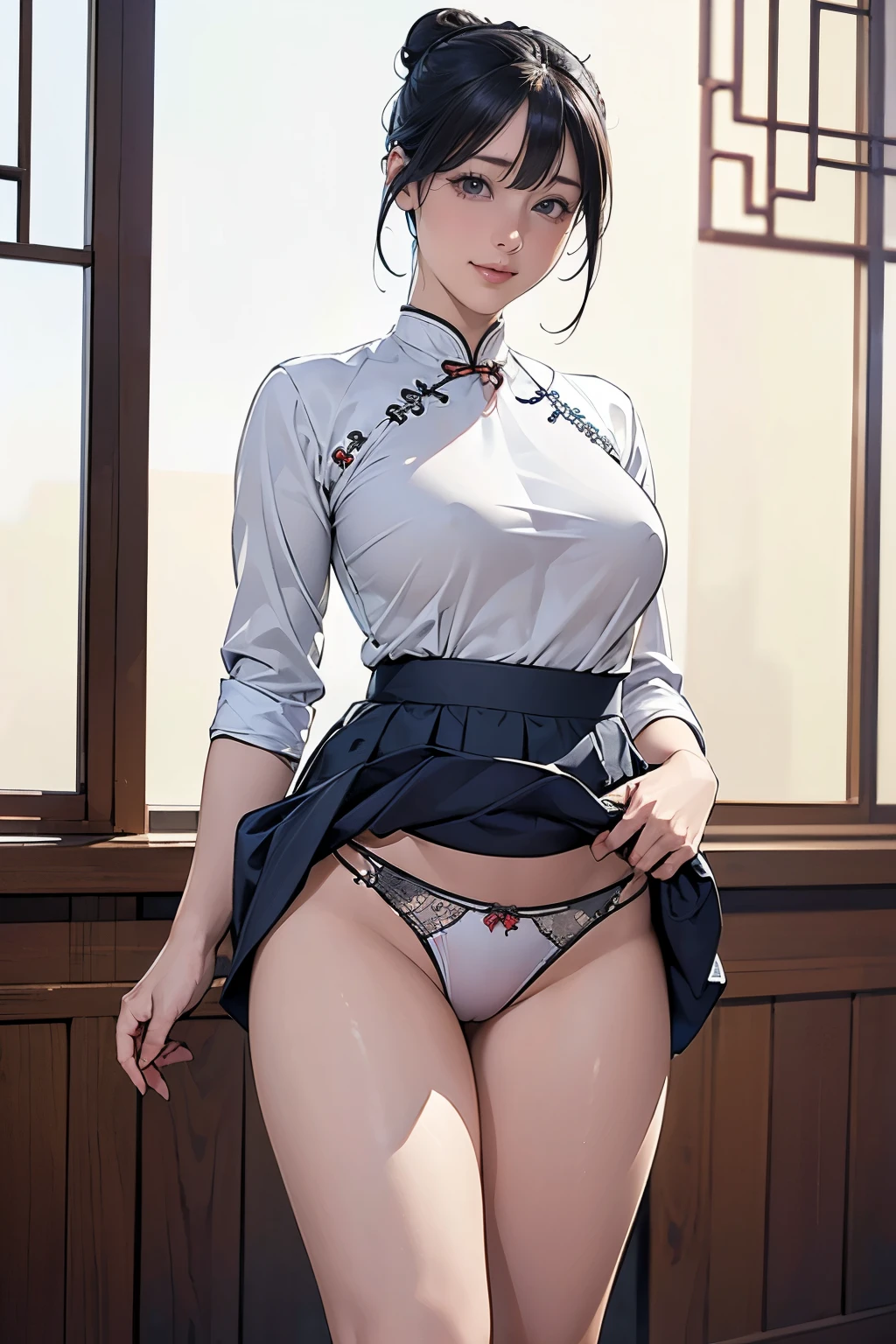 (masterpiece、highest quality)、(Photorealistic:1.4)、 Mature Woman,  Beautiful thighs、Front view、1 girl、30 years old、Perfect Face、Symmetrical cute face、(Bun Hair、Black Hair)、Big eyes、Long eyelashes、((expensive))、Beautiful Hair、Beautiful Face、Beautiful and beautiful eyes、Perfect Proportions、Beautiful breasts、Beautiful feet、Beautiful fingers、((High quality fabric、Cheongsam with a lot of exposed skin、Cheongsam with wide open chest、Skirt flip))、(To the hospital)、Are standing、 (smile),  (((Skirt lift with both hands、panties are visible)))