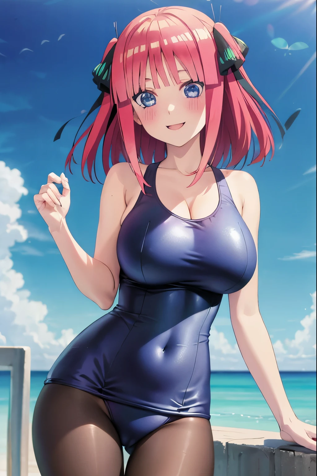 best quality, ultra-detailed masterpiece, anime art style, cute characters, nino nakano, one-piece swimsuit, large breasts, pantyhose, blush, smile