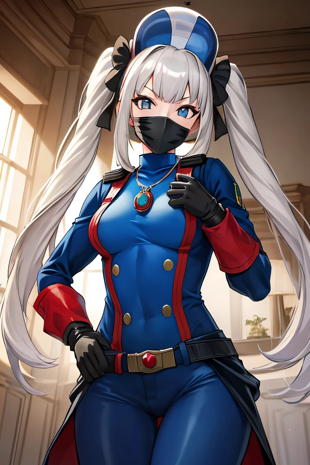 Best quality, 8k, 32k, Masterpiece, high resolution, unity 8k wallpaper, illustration, anime style, perfect lighting, extremely detailed CG, 1girl, solo, ((gijoe-cc, fully face sliver mask, sliver mask, sliver color mask, blue helmet)), marie antoinette, long hair, white hair, twintails, frills, jewelry, necklace, gloves, belt, black gloves, holding, bodysuit, blue bodysuit, looking at viewer, indoors, standing, throne, evilness, military,