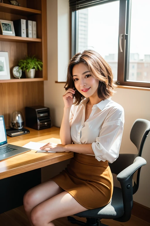 ((highest quality)), ((masterpiece)), (Familiar), Perfect Face, masterpiece、highest quality、High resolution、wallpaper、Realistic、Bright lighting、Professional Lighting、Face Light、Smooth lighting、Japanese women、20th Gen Midplate、so beautiful、Beautiful Skin、Beautiful and detailed、Familiar顔、slim、moderately、short hair、Brunette colored hair、Brown eyes、Looking at the camera、 commercial photography, Beautiful Instagram Influencer Girls, The best smile,Daytime、Masterpiece quality, woman seated at a desk, skirt, from-below angle, legs spread, large chested, captivating perspective