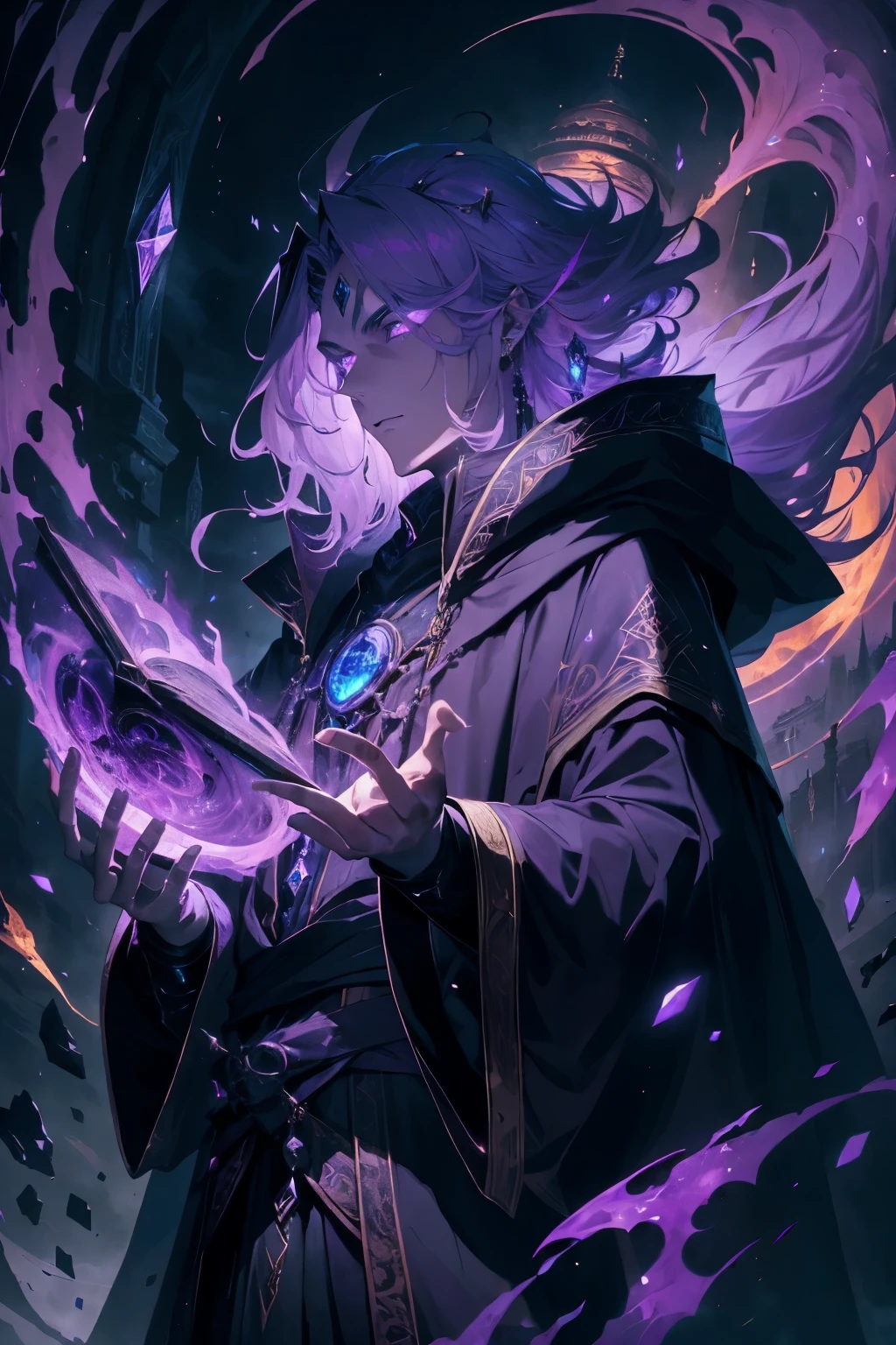A very powerful wizard, invoking the power of time with a grandiose gesture, gazes intently at the vast cosmic clock hovering just above his head. His attire consists of black robes, accentuated by a very dark blue cape adorned with intricate yellow details, symbolizing the elusive nature of the temporal arts. His long, ethereal light purple hair cascades down his back, creating a mesmerizing contrast against the dark backdrop of his cloak. Red eyes, bright and filled with an intense energy, peer out from beneath thick, arched eyebrows. The wizard's pierced ears are adorned with intricate gemstone earrings that flicker and