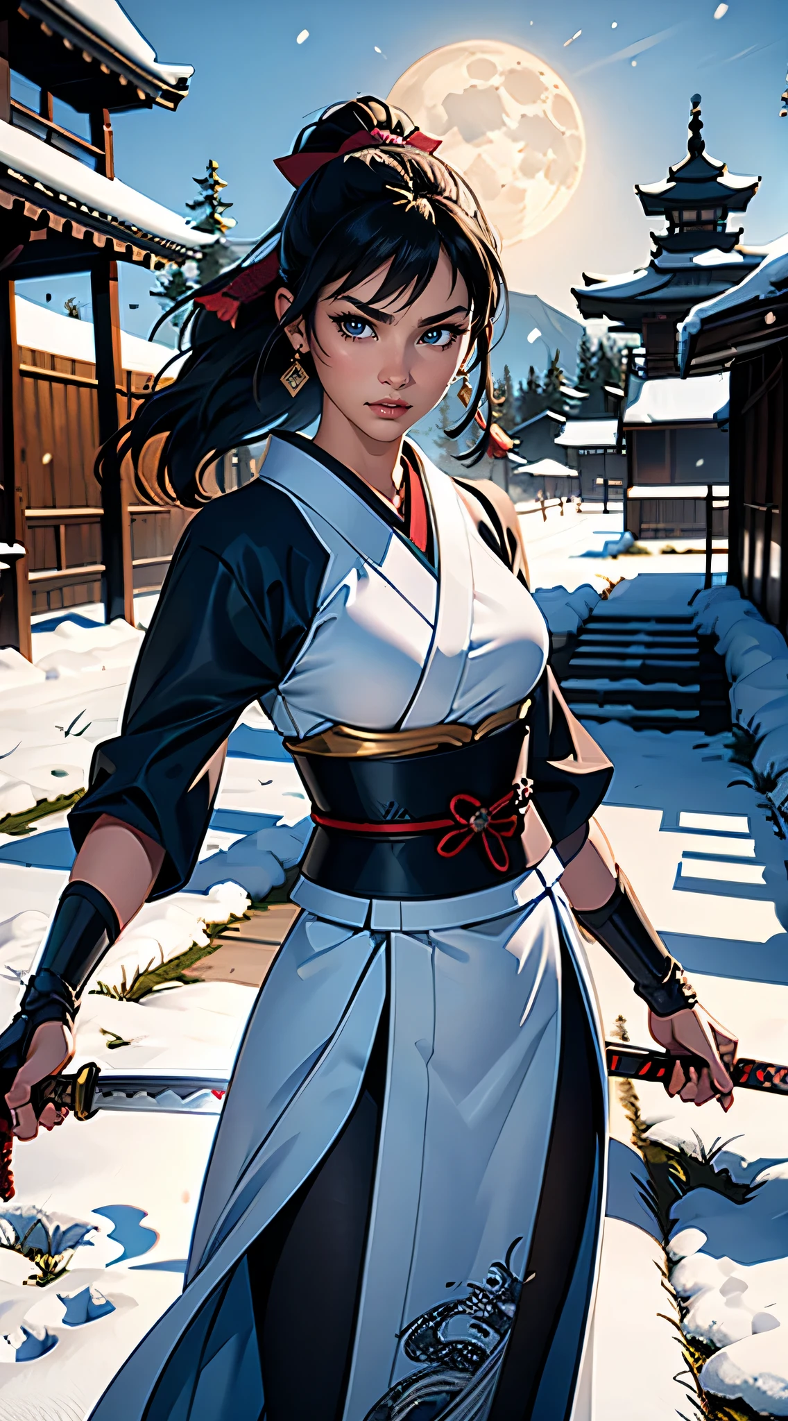 masterpiece, highest quality, (Highly detailed CG Unity 8k wallpaper), (highest quality), (Best illustrations), (Best Shadow),female swordsman, 28 years old, Japanese sword, stance,moonlight, snow, chaos,