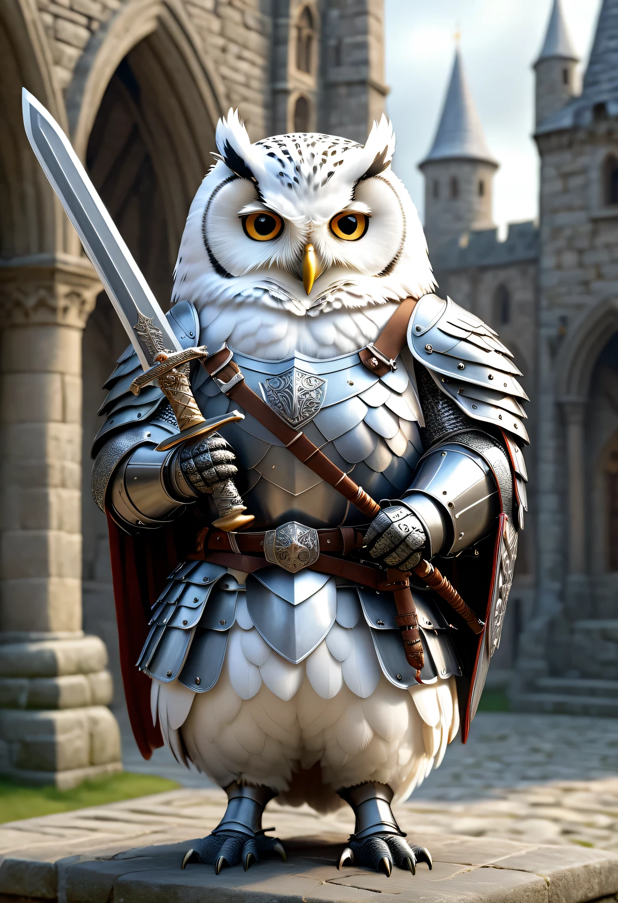 photorealistic portrait of Dressed animals - a ((fat)) white owl Sworasman,(holding a sword:1.5 ),(), high quality,(lovely) ,intricate details, highly detailed ((knight armor)), holding sword , highly detailed knight equipment , (happy), natural lighting,(),(stone buildings background)