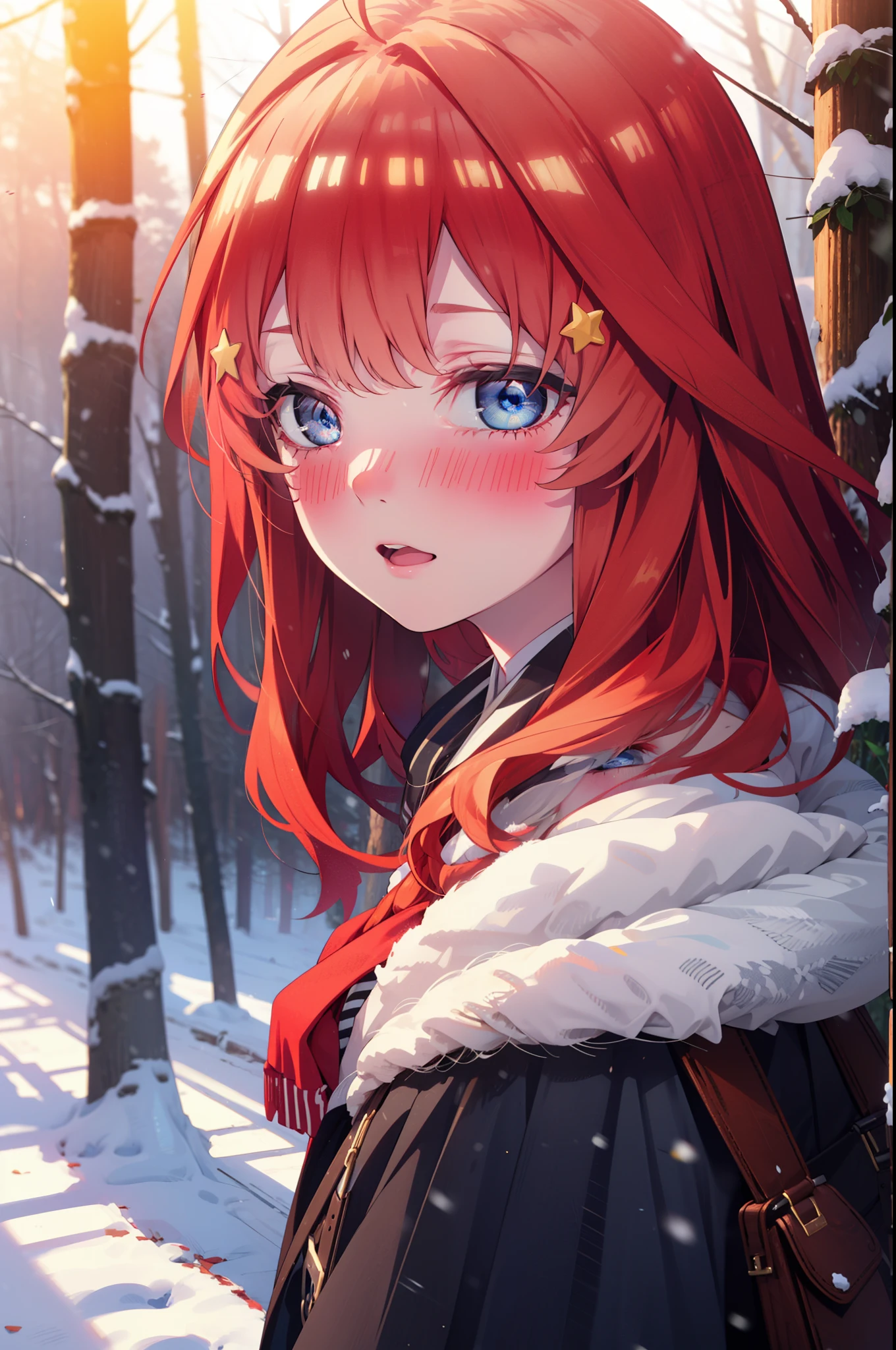 itsukinakano, Itsuki Nakano, bangs, blue eyes, Hair between the eyes, Ahoge, Redhead, star \(symbol\), hair ornaments, star hair ornaments,smile,blush,White Breath,
Open your mouth,snow, fire, Outdoor, boots, snowing, From the side, wood, suitcase, Cape, Blurred, Increase your meals, forest, White handbag, nature, Squat, Mouth closed, フードed Cape, winter, Written boundary depth, Black shoes, red Cape break looking at viewer, Upper Body, whole body, break Outdoor, forest, nature, break (masterpiece:1.2), highest quality, High resolution, unity 8k wallpaper, (shape:0.8), (Beautiful and beautiful eyes:1.6), Highly detailed face, Perfect lighting, Highly detailed CG, (Perfect hands, Perfect Anatomy),