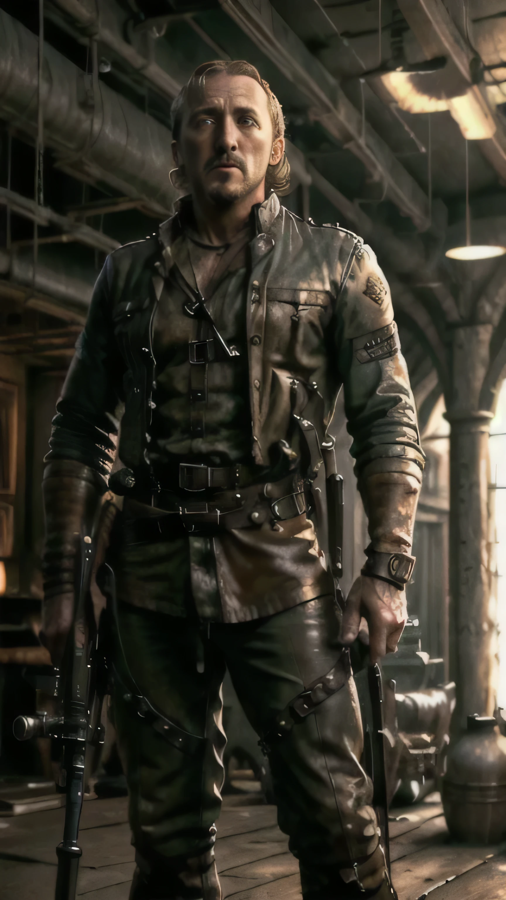 dieselpunkai, ((Jerome Flynn)) as Bronn, (naked torso), black leather dieselpunk pants, dieselpunk gun, standing, near a dieselpunk bar, (1man), (solo), (full body view), beautiful detailed glow, detailed, cinematic light, intricate detail, realistic, highres, detailed facial features, high detail, sharp focus, smooth, aesthetic, extremely detailed, stamp, octane render