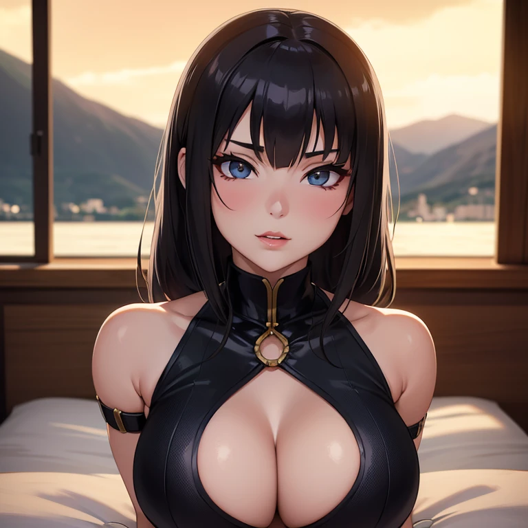 La kunoichi es una mujer hermosa y seductora, con una figura esbelta y curvas bien definidas. Sus ojos verdes brillan con una mirada traviesa y su cabello oscuro cae en suaves ondas sobre sus hombros. Su piel es suave y delicada, and her mouth is adorned with full and tempting lips. Su rostro emana una confianza y sensualidad irresistibles, and her expression reflects the desire and passion that burns within her. Cada movimiento que hace es elegante y provocativo, and his presence envelops you in an aura of excitement and anticipation.