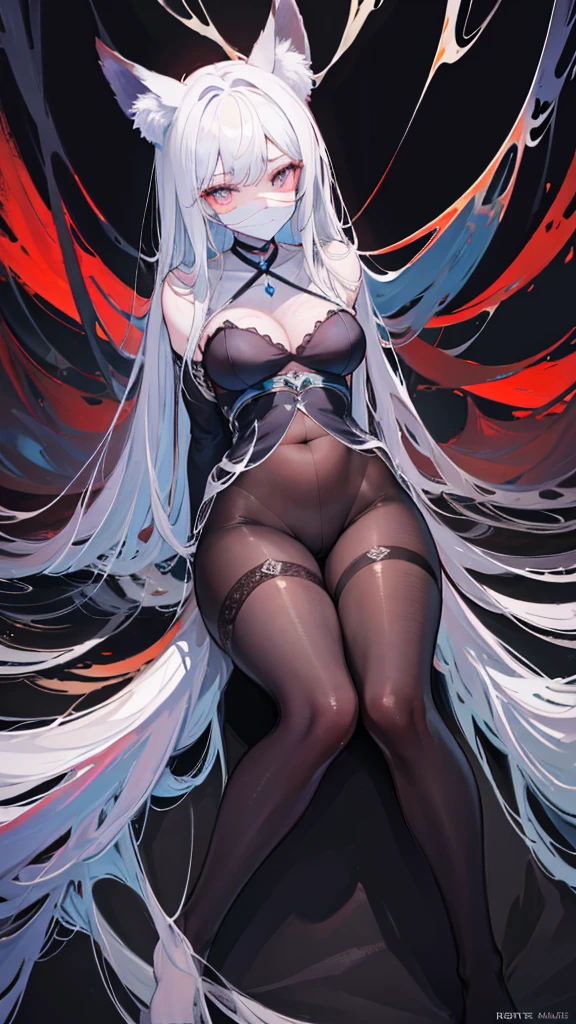 Fox ears,From the ceiling, Dim Lights, Dark atmosphere, Oil painting style, Vibrant colors, Passionate. (best quality, high resolution, Ultra Detailed, Practical:1.2), net, trapped, Exquisite facial features, Black long hair,fear in her eyes. Half of the body is exposed,(gag:1.4),