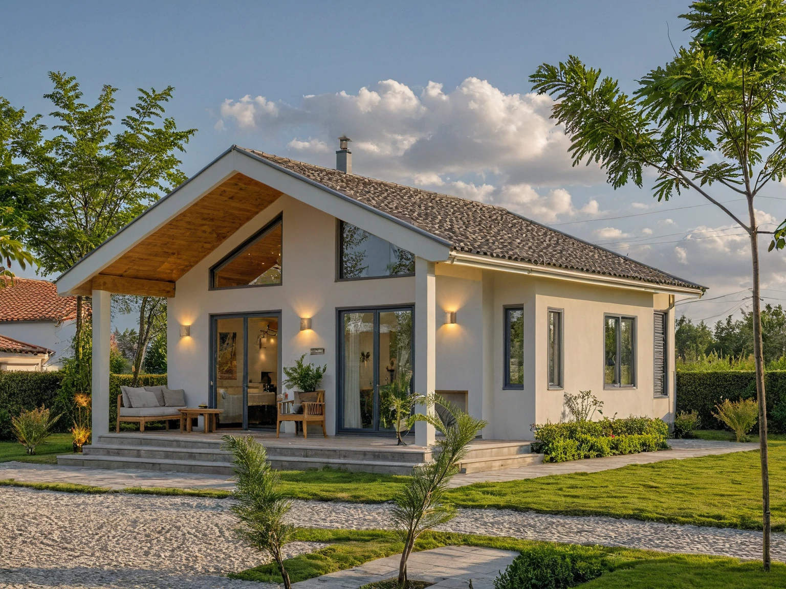 chef-d'artwork, high quality, best quality, authentique, Great detail, en plein air, villa de plain-piedXL, credit group, style de maison moderne dans la rue ,escaliers, mur blanc ,route,pavement, herbe, des arbres, ciel, nuage, (day light:1.1)